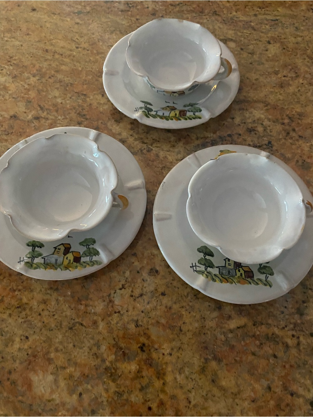 Vintage Italian demitasse Porcelain Cup & Saucer hand painted. Set of three